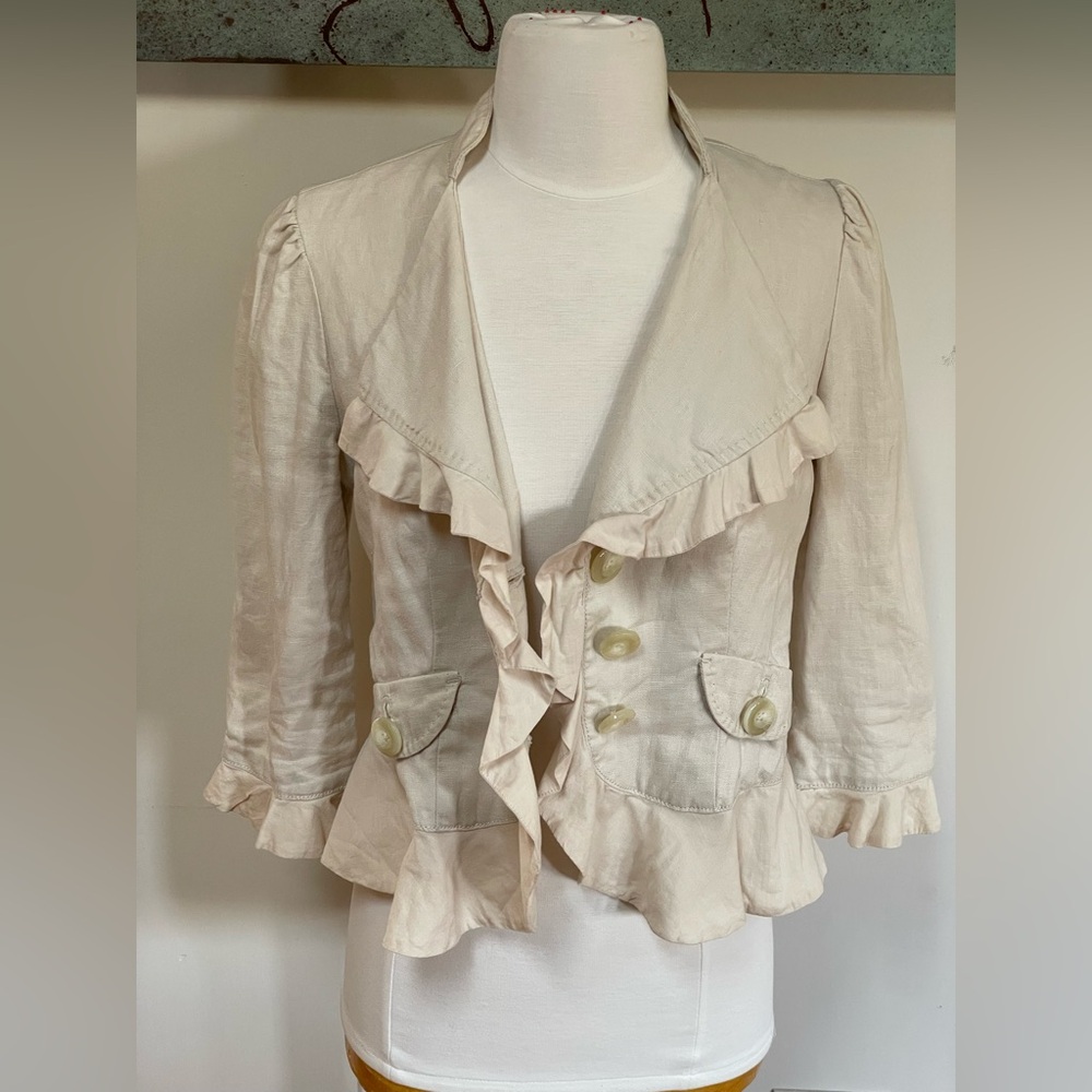 Anthropologie Linen Peplum Ruffled Jacket Cream - Picture 4 of 8